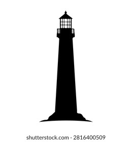 A black silhouette of a lighthouse tower standing tall against a plain white background, emphasizing its structure and height.
