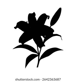 Uma silhueta preta de uma flor de lírio com folhas e um broto contra um fundo branco. O estilo é simples e gráfico com linhas em negrito. O clima é elegante e discreto.