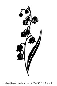Black silhouette of Lily of the valley, May birth month flower. Modern minimalist hand drawn design for logo, tattoo, wall art, poster. vector flat illustration isolated on white background