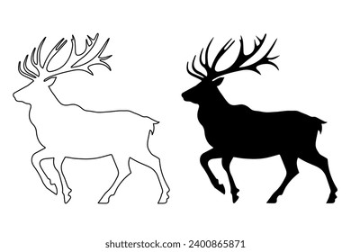 Black silhouette and line art of reindeers on white background. Vector illustration.