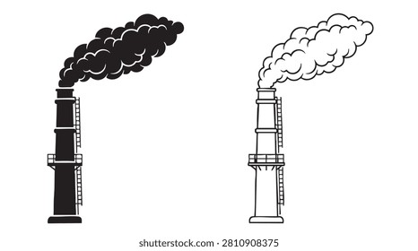 black silhouette with line art vector icon factory chimney emitting smoke
