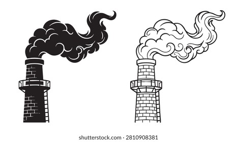 black silhouette with line art vector icon factory chimney emitting smoke