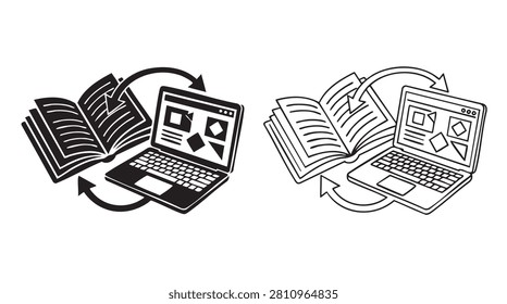 black silhouette with line art vector icon of laptop and open book