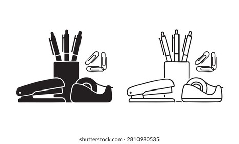 black silhouette with line art vector icon of office supplies including stapler, tape disp