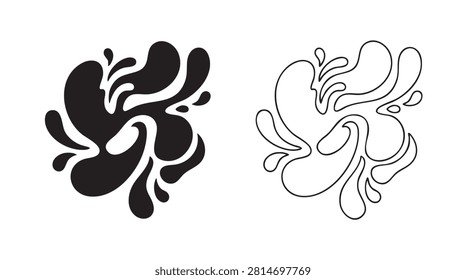black silhouette with line art vector ink blot icon concept featuring blob, abstract