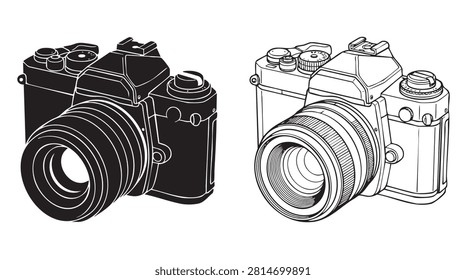 black silhouette with line art vector vintage cameras featuring camera, photography