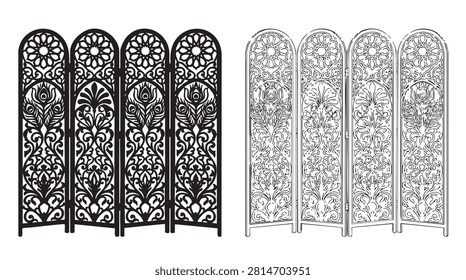 black silhouette with line art vector room divider featuring intricate floral patterns
