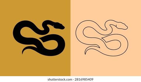 Black silhouette and line drawing of a coiled snake with wildlife, slithering