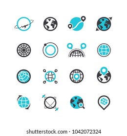 Black silhouette and line icons of planets and global positioning system. Tracks and routes. Vector logos.