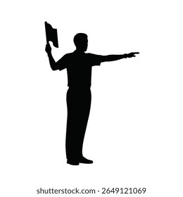 Uma silhueta preta de um juiz de linha segurando uma bandeira e sinalizando contra um fundo branco O estilo é simples e minimalista ilustração vetorial
