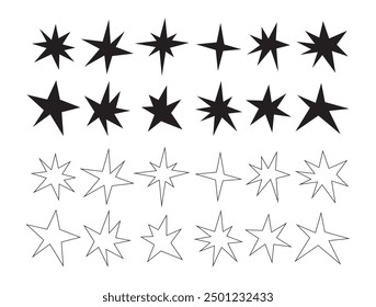 Black silhouette and line odd shapes pointy stars isolated abstract icons set design elements on white background