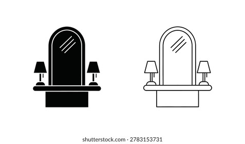 A black silhouette and a line of a vanity mirror with lamps on a white background.