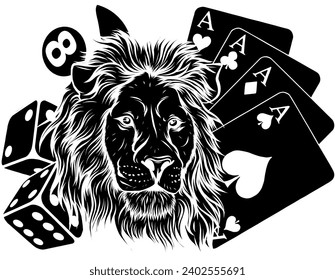 black silhouette of Lion head with poker cards and dice