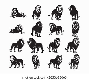  Black Silhouette Lion Icons, Majestic Wildlife Set in Diverse Poses