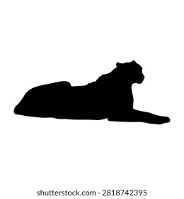 A black silhouette of a lion lying down, showcasing a calm and majestic posture on a plain background, emphasizing strength and tranquility.