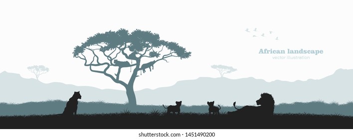 Black silhouette of lion pride. Landscape with wild african animals. Scene of savannah wildlife. Travel poster of Africa. Vector illustration