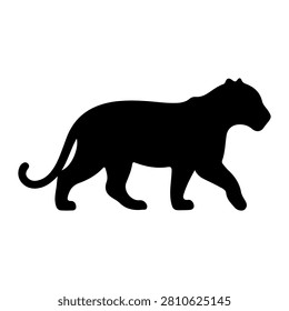 A black silhouette of a lion in profile walking, showcasing strength and grace in a minimalistic style.