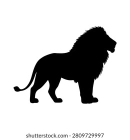 Black silhouette of a lion standing in profile, showcasing its mane and powerful stance against a plain white background.