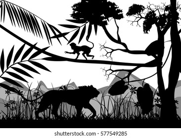 Black Silhouette of lion and wild jungle, trees, monkey