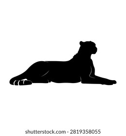 A black silhouette of a lioness lying down, showcasing a calm and relaxed posture in a natural setting.