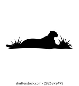 A black silhouette of a lioness lying down on grass, capturing a peaceful and majestic moment in the wild nature setting.