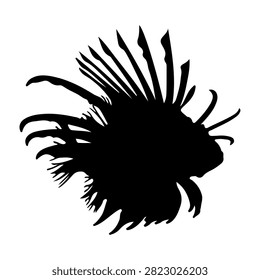 Black silhouette of a lionfish showcasing its distinctive spiky fins and elongated body, emphasizing its unique and striking appearance.