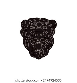 Black silhouette of a lion's head with a lush mane. Ancient antique sculpture of a wild animal. Culture of Ancient Greece and Rome. Hand drawn vector illustration. Isolated on white background.