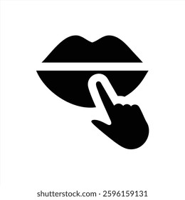 A black silhouette of lips with a finger gently placed over them symbolizes the concept of silence. The minimalist design emphasizes communication and the importance of quiet moments.