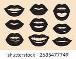 Black Silhouette Lips Vector Set – Smiling, Talking, And Expression Mouth Illustration Design