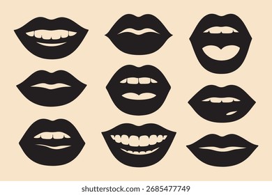 Conjunto de Vector de labios de silueta negra: diseño de ilustración de boca sonriente, habladora y de expresión