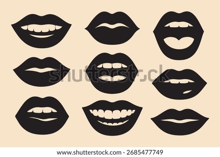 Black Silhouette Lips Vector Set – Smiling, Talking, And Expression Mouth Illustration Design