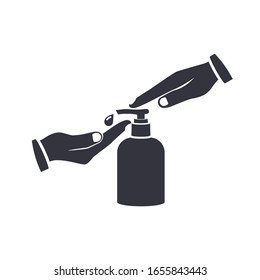 Black silhouette liquid soap, pumping from bottle. Disinfection concept. Applying a moisturizing sanitizer. Pictogram hand washing hands. Vector illustration flat design. Isolated on blue background. 