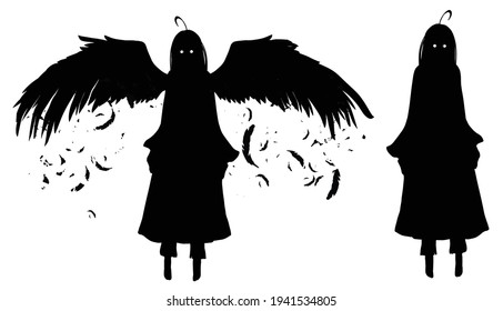 Black silhouette of a little angel girl, she is in a dress floating in the air . 2d illustration