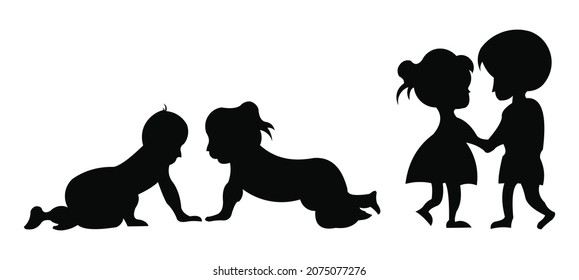 Black silhouette of little boy and girl  Vector illustration