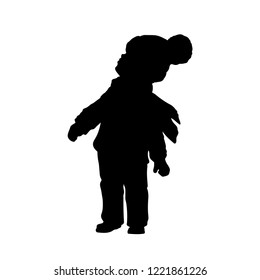 Black silhouette of little boy looking to sky. Kid in winter clothes. Vector illustration