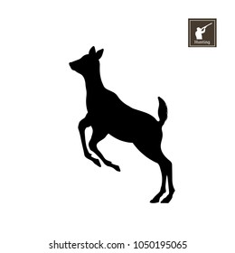 Black silhouette of little deer on white background. Forest animals. Detailed isolated image. Vector illustration