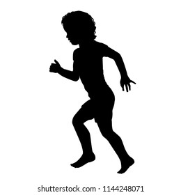 Black silhouette of little girl running on white background, vector illustration