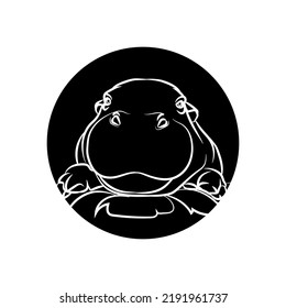 Black silhouette of the little hippopotamus in black circle. Graphic drawing. Vector illustration.