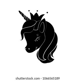 Black silhouette of little unicorn with crown  on white background. Vector illustration. Black shape of unicorn's head. Graphic badge, banner, icon, print or logo.