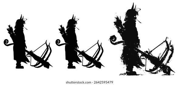 Black silhouette of a little warrior girl in anime style. She's a demon with horns and a huge double-shot crossbow. He stands thoughtfully and chews a straw . 2d ink-style illustration.