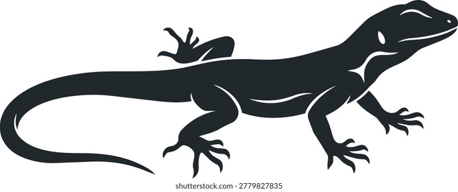 A black silhouette of a lizard with its body extended and legs spread, showcasing its detailed form and long tail against a white background.