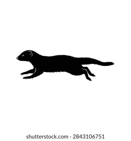 A black silhouette of a lizard captured in motion, highlighting its elongated body and tail against a plain white background.