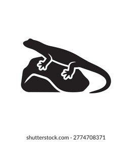 Black silhouette of lizard clinging to rock on white background