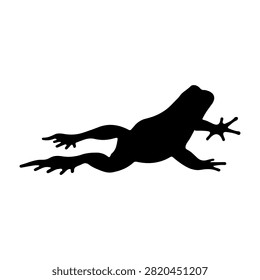 A black silhouette of a lizard in motion, showcasing its elongated body and tail, set against a plain white background.