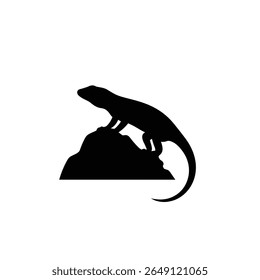 Silhueta preta de um lagarto empoleirado em uma rocha contra um fundo branco simples ícone vetorial gráfico