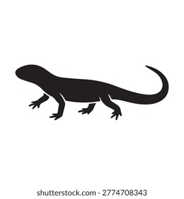 Black silhouette of lizard walking on white background