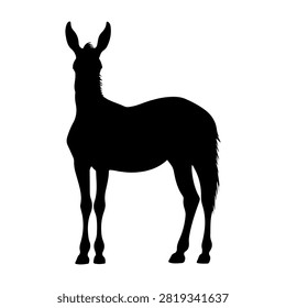 Black silhouette of a llama in profile view, showcasing its distinctive long neck and fluffy body against a plain background.