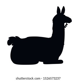 Black silhouette of llama sitting on ground cartoon animal design flat vector illustration isolated on white background side view