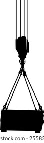 black silhouette of a load hanging on the ropes of a construction crane without background