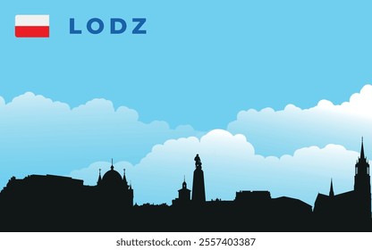 Black silhouette of Lodz city skyline with text and flag. Vector on the background of blue sky and white clouds